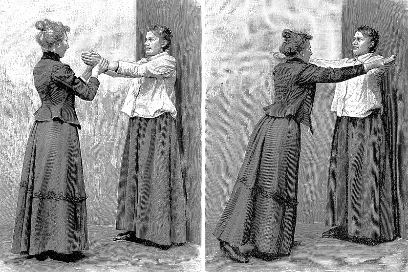 historische Illustratiom von zwei Frauen, die Atemübungen machen