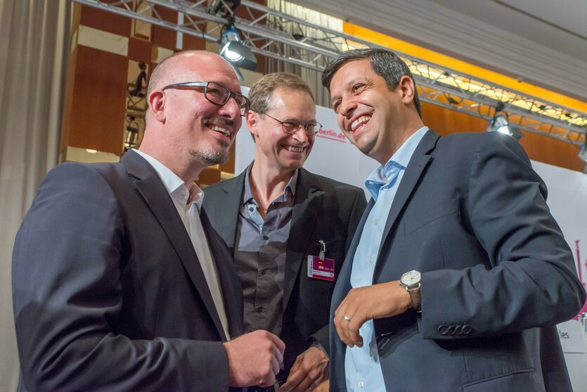 Das Bild zeigt die SPD-Politiker Jan Stöß, Michael Müller und Raed Saleh bei einem Treffen im Jahr 2014.