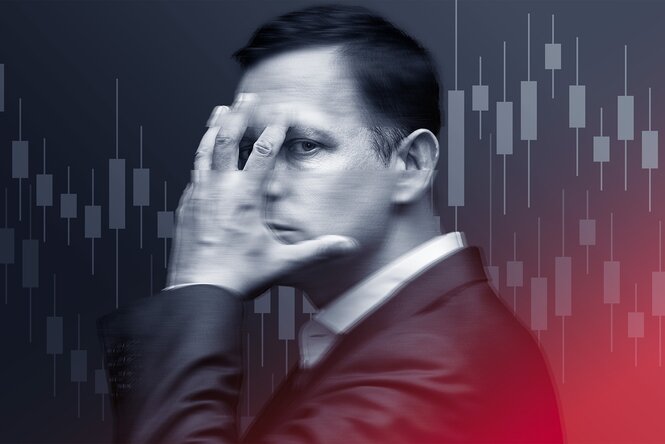 Eine Bildmontage: Peter Thiel hält eine Hand vor sein gesicht