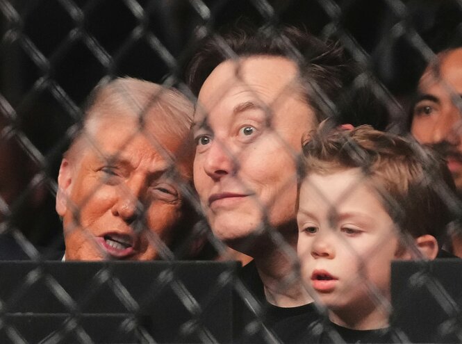 Donald Trump, Elon Musk und dessen Sohn schauen durch die Gitter eines Kampfkäfigs