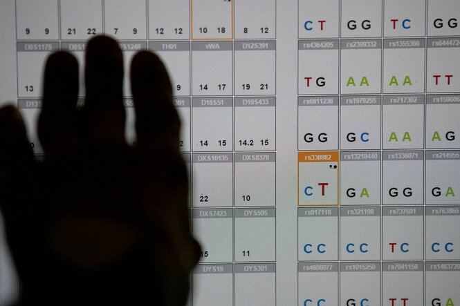 Eine Hand auf dem Monitor, auf dem das Ergebnis einer DNA-Sequenz Analyse (genetischer Fingerabdruck) zu sehen ist