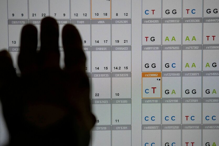 Eine Hand auf dem Monitor, auf dem das Ergebnis einer DNA-Sequenz Analyse (genetischer Fingerabdruck) zu sehen ist