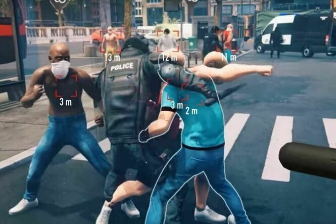 Ein Polizist verprügelt Demonstrierende in einem Videospiel