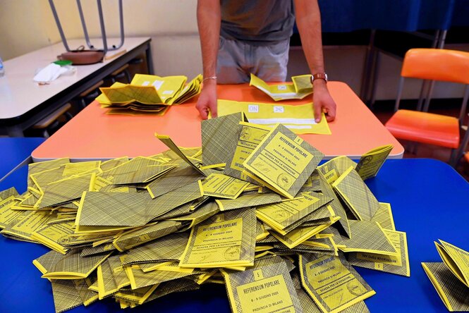 Stimmzettel mit der Aufschrift „Referendum Popolare“ liegen zur Auszählung auf einem Tisch