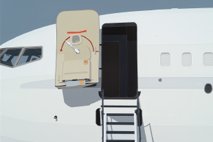 Zu sehen ist die Illustration eines Flugzeugs mit geöffneter vorderer Tür und Treppe.
