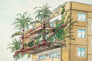 Zeichnung von einem Plattenbau mit Palmen auf dem Balkon