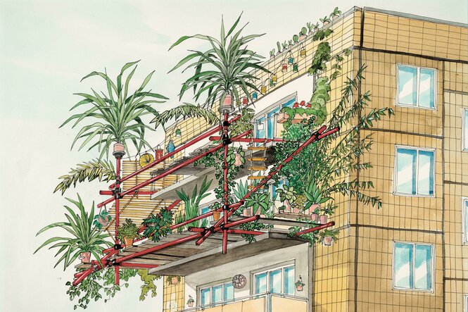 Zeichnung von einem Plattenbau mit Palmen auf dem Balkon