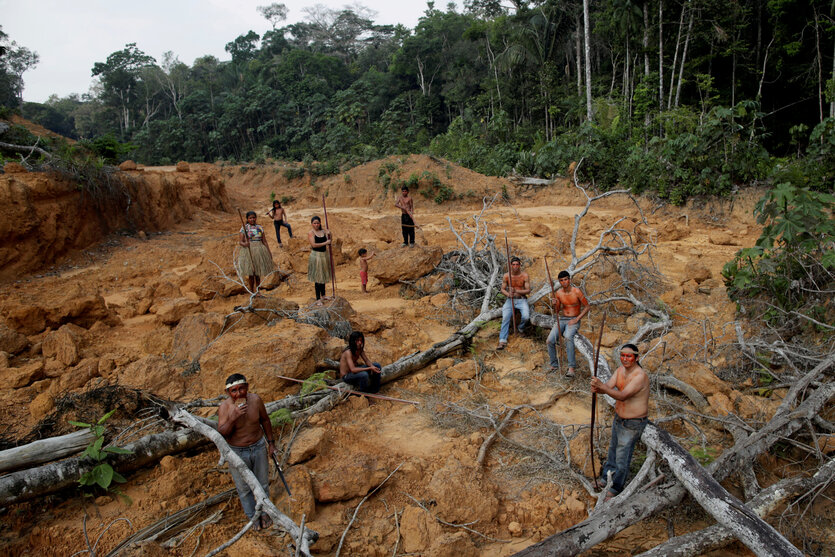 Indigene vom Stamm der Mura zeigen ein abgeholztes Gebiet in nicht gekennzeichnetem indigenen Land im Amazonas-Regenwald bei Humaita