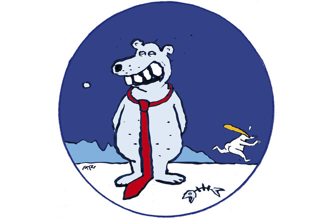 Farbiger Cartoon: ein Eisbär mit einer roten Krawatte um den Hals steht auf einer Eisfläche. Im Hintergrund flieht ein nackter Mensch (vermutlich Trump) aus dem Bild
