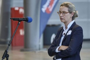 Zu sehen ist Alice Weidel, wie vor einem Mikrofon steht und die Arme verschränkt hat.