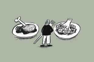 Illustration einer Frau, die vor zwei Tellern steht, auf einem liegt fleisch, auf dem anderen Gemüse. In den Armen hält sie eine riesige Gabel