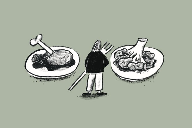 Illustration einer Frau, die vor zwei Tellern steht, auf einem liegt fleisch, auf dem anderen Gemüse. In den Armen hält sie eine riesige Gabel