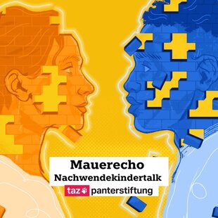 Eine gemalte Frau und ein Mann schauen sich an, man sieht nur ihr Profil.