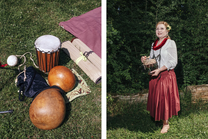 Portrait von Una Brockington mit selbstgebauten Trommeln