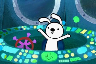 EineIllustration zeigt einen kleinen Hasen, der in einem Ufo sitzt und seine Arme in die Luft reckt