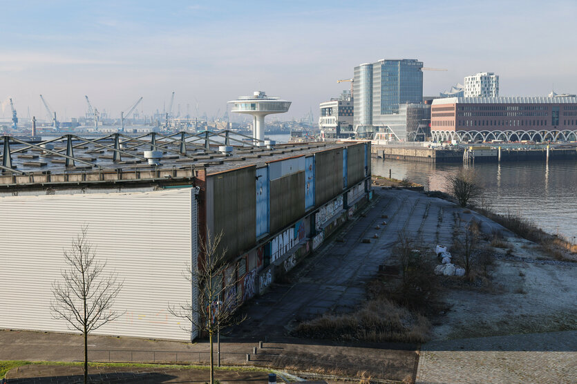 Blick auf das Baakenhöft Gelände in der Hamburger Hafencity.