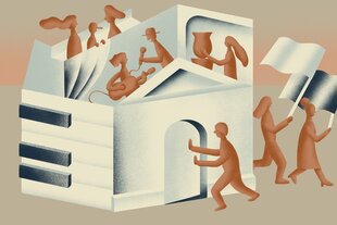 Illustration zeigt ein Gebäude und Personen.