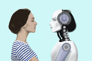 Frau und weiblicher Roboter schauen sich an