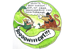 Bunter Cartoon, Julia Klöckner auf einer Liane, Affe mit Baskenmütze und Zigarre, sagt: Dachte erst Ordnungsruf von Tarzan, ist aber von Julia Klöckner