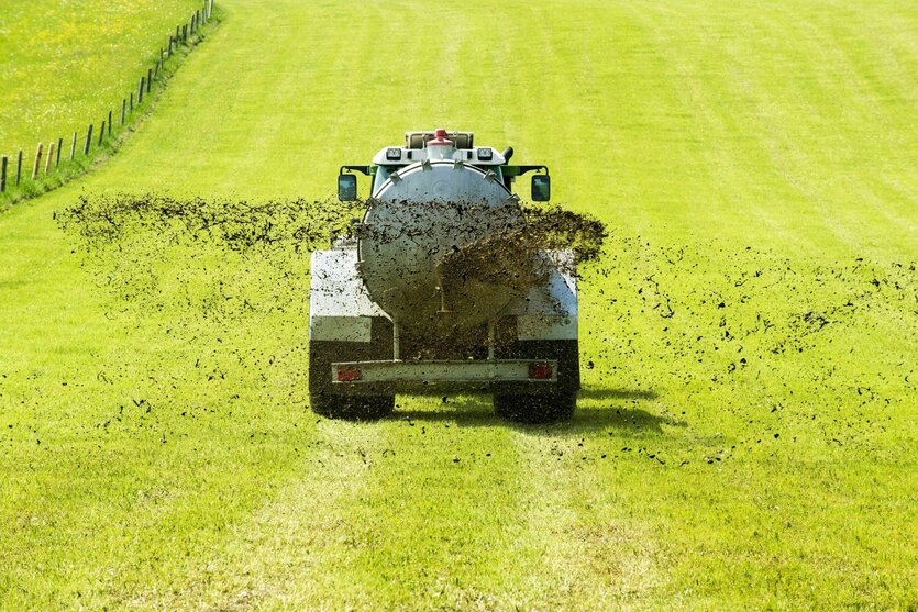 Landwirtschaftliches Fahrzeug verteilt Gülle auf gelb-grünem Feld