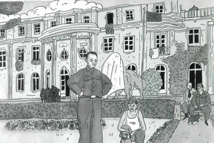 Eine schwarz-weiß-Zeichnung zeigt Menschen in Militärkleidung, die vor einer Villa stehen und sitzen
