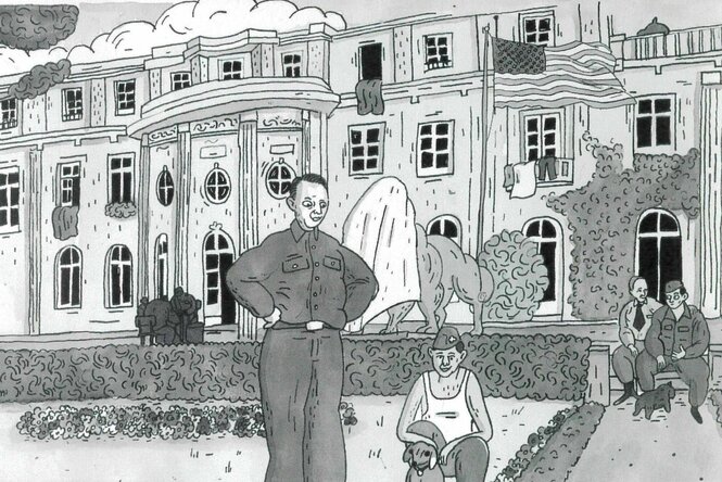 Eine schwarz-weiß-Zeichnung zeigt Menschen in Militärkleidung, die vor einer Villa stehen und sitzen
