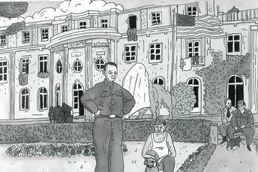 Eine schwarz-weiß-Zeichnung zeigt Menschen in Militärkleidung, die vor einer Villa stehen und sitzen