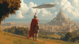 Rückenansicht eines Mannes in römischer Soldatenkleidung der auf eine futuristische Stadt mit Raumschiff-Hindenburg blickt.