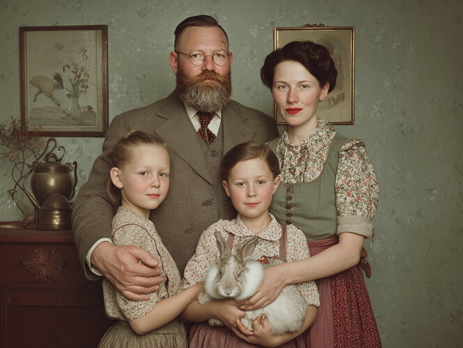 Eine vierköpfige Familie steht in einem Innenraum. Die Kleidung ist konservativ