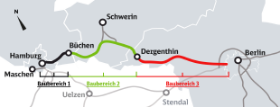 Karte der Bahnstrecke zwischen Berlin und Hamburg, die in unterschiedliche Bauabschnitte unterteilt ist: Berlin bis Dergenthin, Dergenthin bis Büchen und Büchen bis Hamburg
