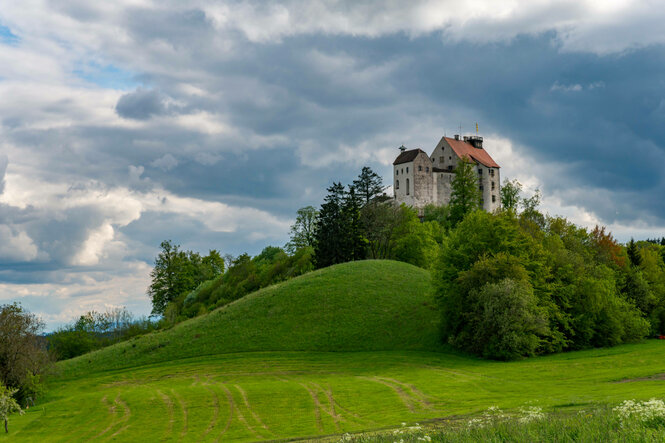 Die Burg Waldburg in der Landschaft.