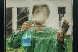 Eine Person putzt ein Fenster