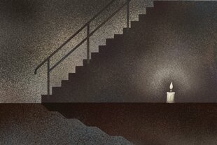 Illustration einer Treppe im Dunkeln mit einer Kerze davor