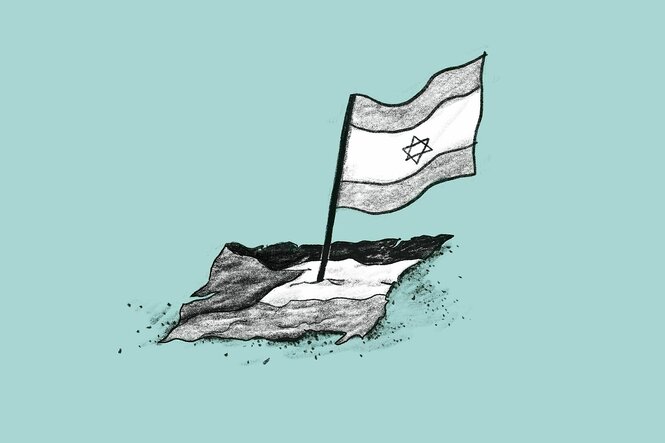 Eine palästinensische Fahne liegt auf dem Boden, dort, wo sie liegt ist eine Stange mit einer israelischen Fahne eingepflockt