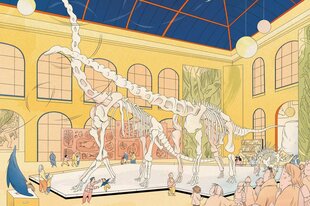 Zeichnung der Dinosaurierskelette im Berliner Naturkundemuseum