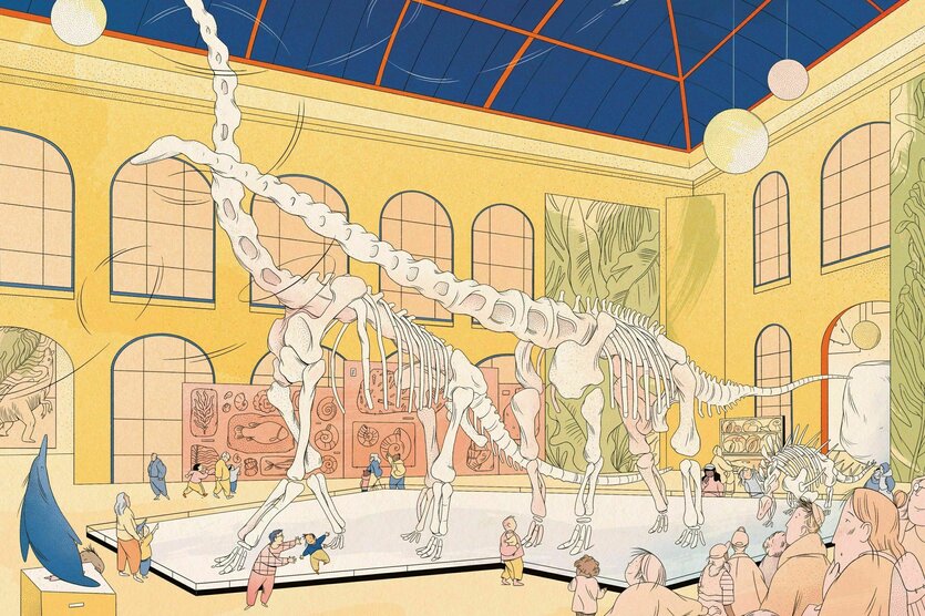 Zeichnung der Dinosaurierskelette im Berliner Naturkundemuseum