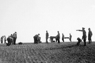 Insassen des Arbeitslagers Buttenhausen stehen auf einem Feld und arbeiten, Soldaten und ein Wachhund stehen daneben.