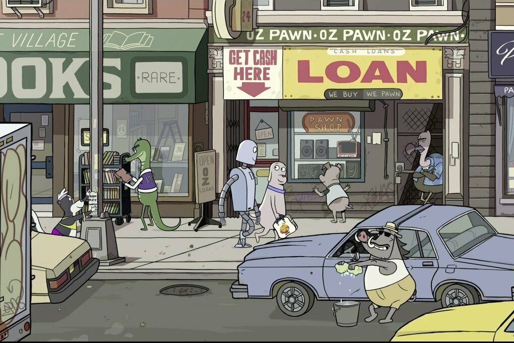 Szene aus dem Animationsfilm "Robot Dreams": Der Hund Dog Varon und sein Roboterfreund laufen durch eine New Yorker Nachbarschaft. Hinter ihnen sind ein Buchladen und ein Pfandhaus zu sehen, auf der Straße parken Autos.