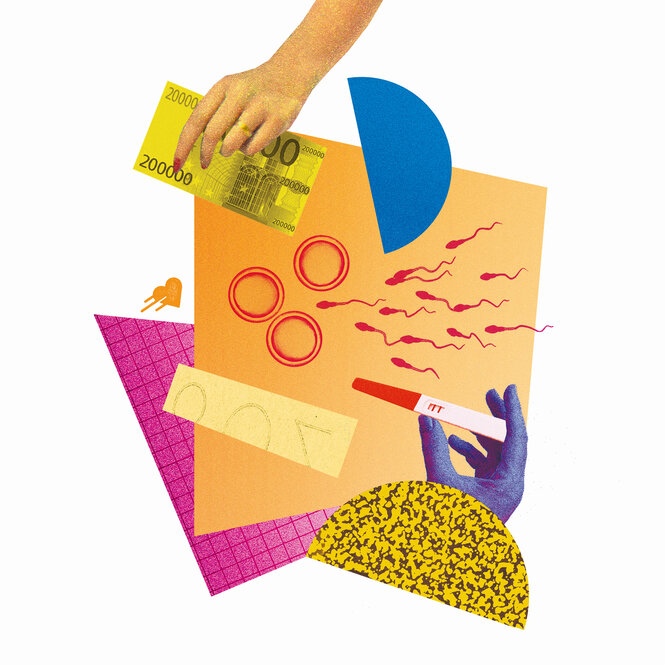 Illustration zeigt Auschnitte zum Thema Baby und Leihmutterschaft.