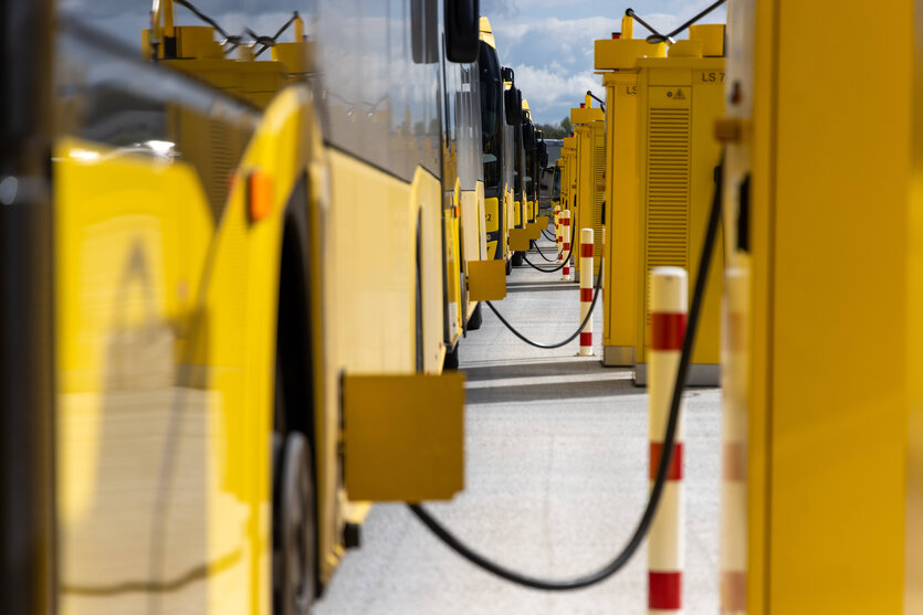 Gelbe Elektrobusse werden per Kabel aufgeladen