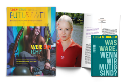 Die aktuelle Ausgabe der taz FUTURZWEI, eine aufgeschlagene Ausgabe mit einem Bild von Jette Nietzard sowie das Buch "Was wäre, wenn wir mutig sind?" von Luisa Neubauer.