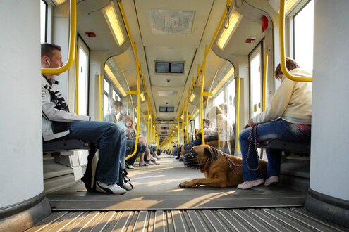 Blick durch U-Bahn-Waggon mit sitzenden Fahrgästen