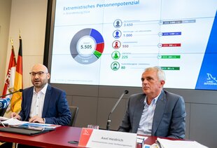 René Wilke (parteilos, l), Innenminister von Brandenburg, und Axel Heidrich, kommissarischer Leiter der Verfassungsschutzabteilung, bei der Vorstellung des Verfassungsschutzbericht 2024 teil.