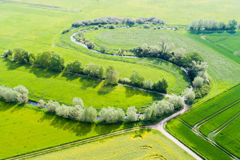 Ein Luftbild von grünen Feldern mit einem gewundenen Fluss, der von Bäumen gesäumt ist. Die Landschaft zeigt landwirtschaftlich genutztes Land mit parallelen Pfaden und Schatten der Bäume bei hellem Tageslicht.