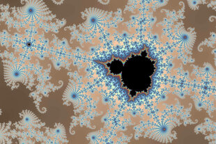Bunte Mandelbrot-Menge Fraktal erzeugt psychedelische Muster mit Strudeln und Spiralen auf braunem Hintergrund
