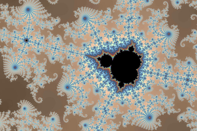 Bunte Mandelbrot-Menge Fraktal erzeugt psychedelische Muster mit Strudeln und Spiralen auf braunem Hintergrund