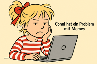 Eine Zeichnung der Kinderbuchfigur Conni; Conni sitzt mürrisch vor einem Laptop, daneben steht geschrieben: "Conni hat ein Problem mit Memes"