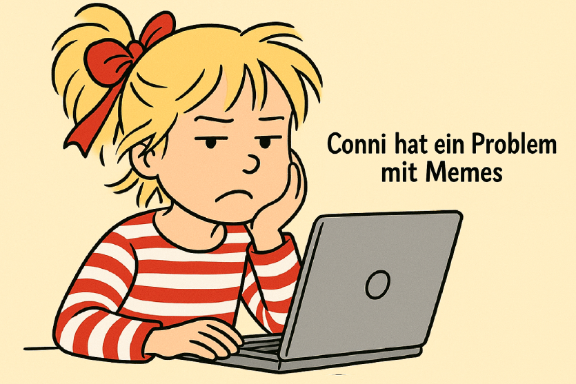 Eine Zeichnung der Kinderbuchfigur Conni; Conni sitzt mürrisch vor einem Laptop, daneben steht geschrieben: "Conni hat ein Problem mit Memes"
