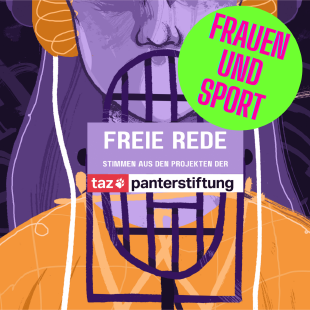 Ein Symbolbild. Ein Kopf ist hinter einem Mikro. Davor ist ein Schriftzug: Freie Rede: Stimmen aus dem Projekt der taz Pantherstiftung