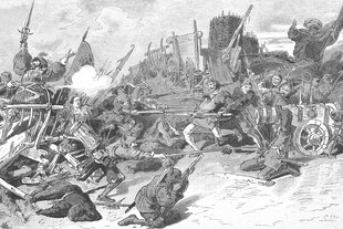 Kupferstich: Deutscher Bauernkrieg, 1524-1526, Niederlage der Bauern unter Thomas Münzer bei Frankenhausen